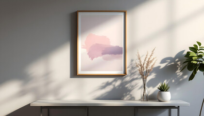 Fototapeta premium Minimalist abstract decor accents the white wall in a beautiful modern apartment with light furniture