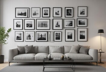 Minimalist living room, gallery wall of empty black frames, minimalist, shadow
