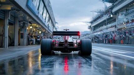 Formula 1 Car in Wet Pit Lane with Glowing Rear Light and Reflections, Surrounded by Garages, Grandstands, and Overcast Sky