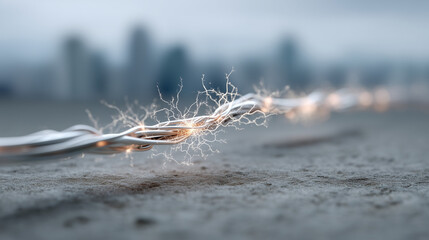 Broken String Lights on Rooftop: A close-up shot of a string of LED lights, broken and frayed, lying on a rooftop with a blurred cityscape in the background.