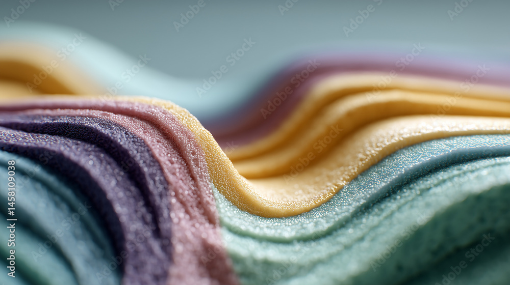 Poster layered fabrics: a close-up of stacked, multicolored fabrics with a soft, undulating texture and gra