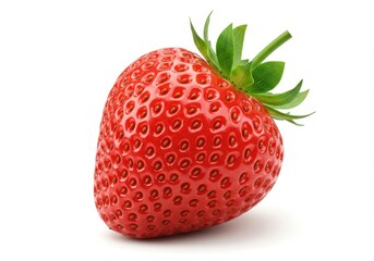 Close-up of a ripe strawberry with green leaves on a white background