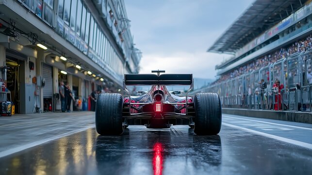 Formula 1 Car in Pit Lane on Rainy Race Day with Reflected Tail Light, Surrounded by Garages, Spectators, and Modern Grandstands