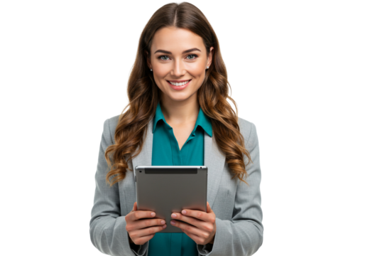Cheerful Businesswoman Holding Tablet Portrait Smiling Professional Happy