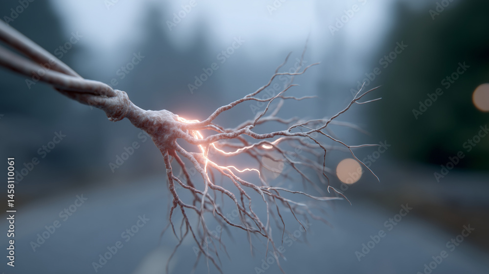 Poster intertwined lines: a mesmerizing composition of intertwined lines against the background of a foggy 