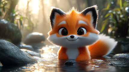 A 3D-rendered cute animal with oversized eyes and rounded features strikes a joyful pose, symbolizing innocence, playful spirit, and childlike wonder in a whimsical digital world.

