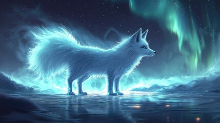 Mystical white fox on icy plains, ethereal aurora borealis glow