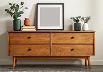 Modern Wooden Sideboard with Decorative Accessories and Artwork
