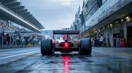Formula 1 Car on Wet Pit Lane with Glowing Rear Light, Surrounded by Pit Garages, Crowd, and Reflections on Rain-Soaked Race Track