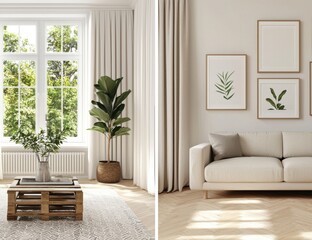 Bright Modern Living Room with Cozy Furniture and Green Plants