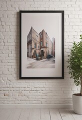 Warm home interior, framed poster hanging on clips against white brick,  brick wall,  scandi,  home