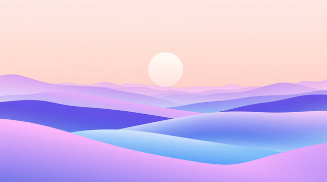 Abstract sunrise or moonset appears above pastel-toned hills layered with soft curved gradients.