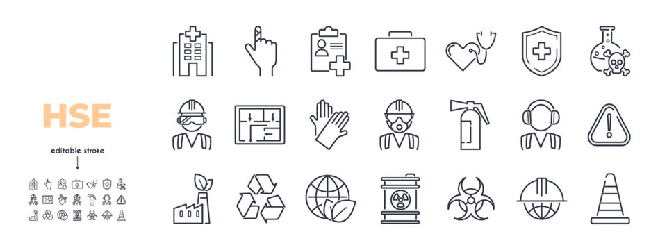 Health Safety Environment line icon set.First aid kit, danger, protective mask, heart, recycling, clean energy, radiation, fire extinguisher, goggles, cone vector illustration. Editable Stroke