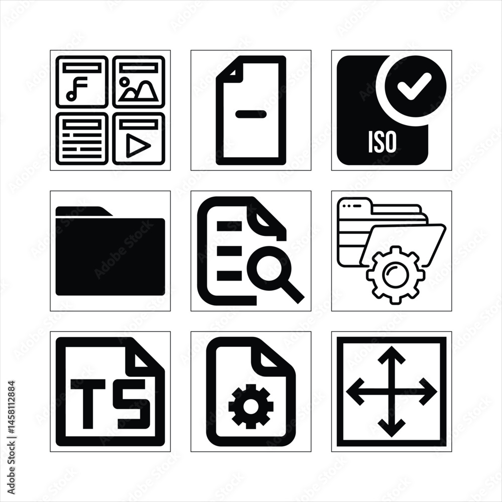 Fototapete collection of file type icons representing different functions and formats black and white