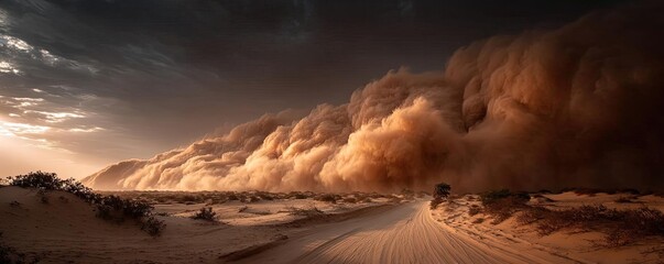 Panorama sand storm across dry desert with massive wind concept. A dramatic dust storm sweeping across a deserted landscape.