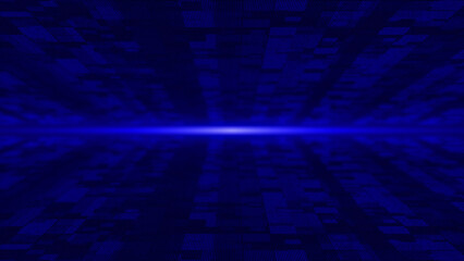 Blue flying particles in digital 3d technologic cyberspace with light rays. Digital matrix...
