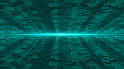 Cyan flying particles in digital 3d technologic cyberspace with light rays. Digital matrix futuristic background