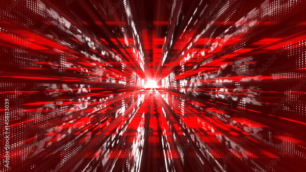 Poster red floatingparticles in digital technologic 3dcyberspace with light rays. digital matrix futuristic