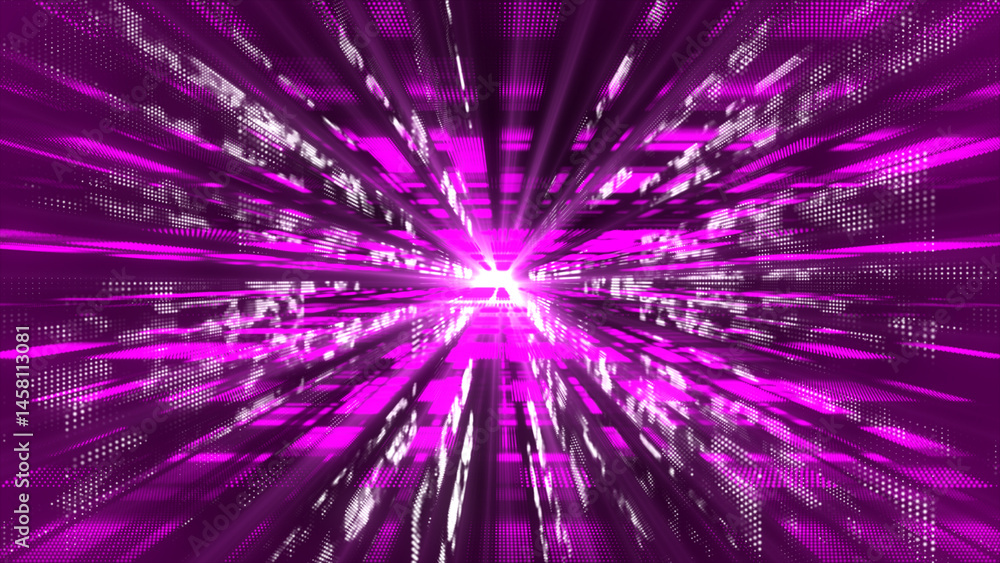 Poster pink floatingparticles in digital technologic 3dcyberspace with light rays. digital matrix futuristi