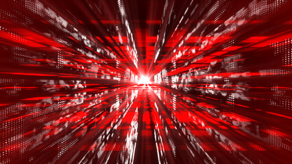 Red floatingparticles in digital technologic 3dcyberspace with light rays. Digital matrix futuristic background