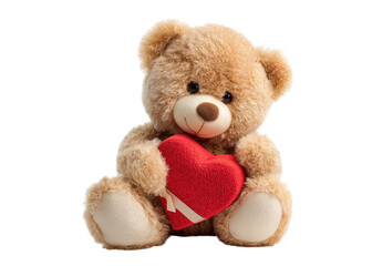Obraz premium Teddy bear holding a red heart isolated on transparent background, symbol of love, romance, and gift.