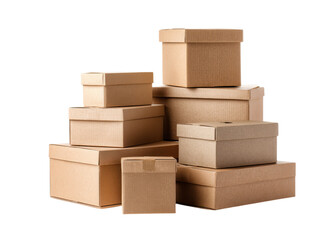 Stack of various size brown cardboard shipping boxes isolated on transparent background, delivery, packaging, storage.