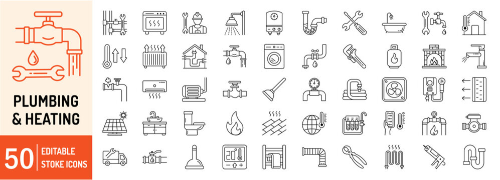 Plumbing and Heating collections editable stroke outline web icons set. Plumbing, heating, plumber, water, pipe, service, shower, repair, bathtub, leak, sewerage and more... Vector illustration