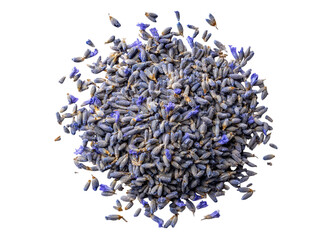 Pile of dried lavender buds isolated on transparent background, aromatherapy, spa, relaxation.