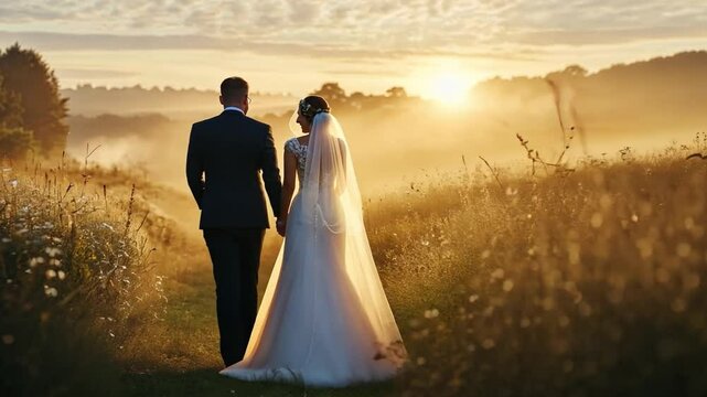 A stunning visual of a newlywed couple in a peaceful meadow. This clip showcases their romance and the beauty of nature. Perfect for wedding themes and love stories. Generative AI