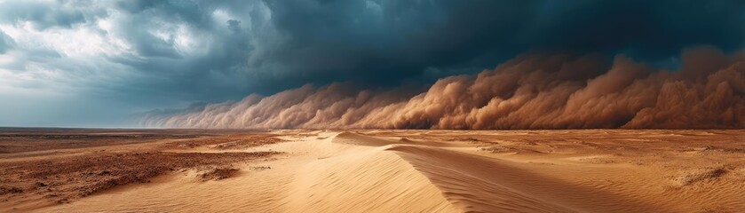 Naklejka premium Panorama sand storm across arid desert with dark cloudy sky concept. A dramatic desert landscape with an approaching sandstorm.