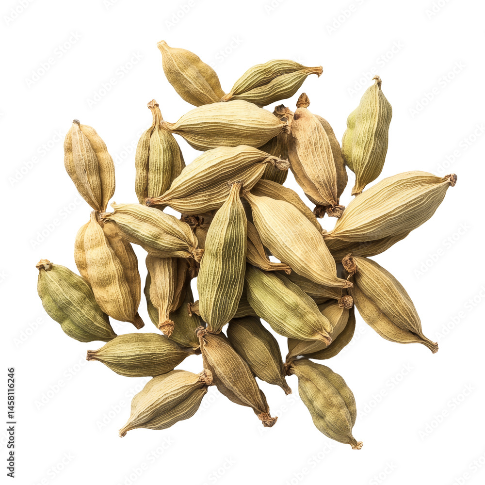 Poster cardamom pods arranged neatly on a transparent background showcasing their unique shape and color, c