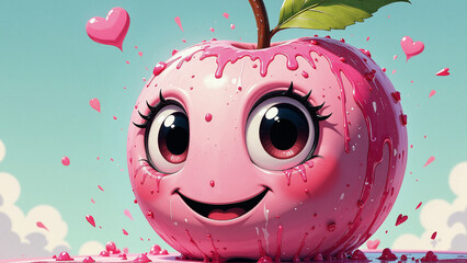 A delightful illustration features a pink, anthropomorphic fruit character with a cheerful expression, set against a serene backdrop.