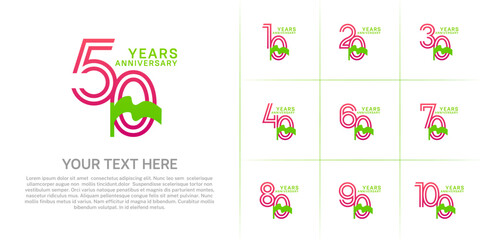 Anniversary logo type set with double line number. purple color and green ribbon for celebration event
