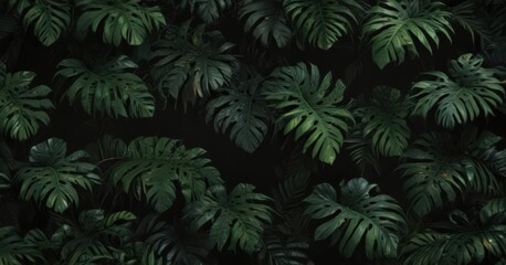 Intricate black background with vibrant green tropical leaves, dense jungle pattern , leaves, lush, dense