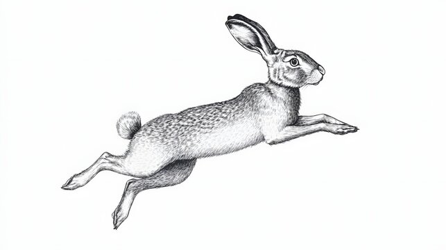 Detailed illustration of a leaping hare in monochrome.