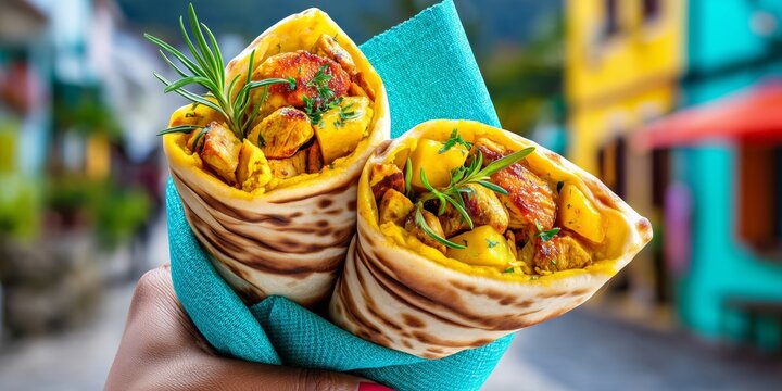 Trinidadian roti wraps filled with curry chicken herbs and tropical spice