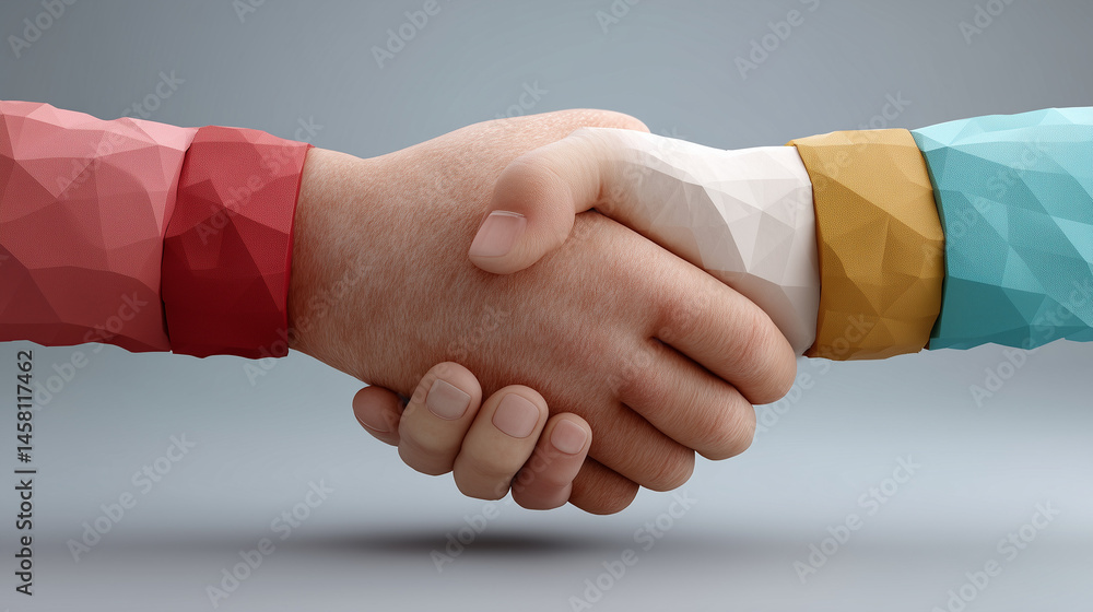 Poster handshake in low poly style: a stylized image of two hands shaking in a low-poly design, symbolizing