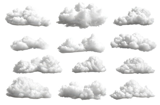 Fluffy white clouds of various shapes isolated on white
