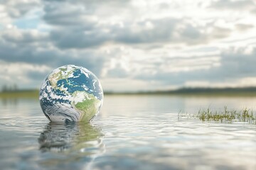 A small globe is floating in a body of water