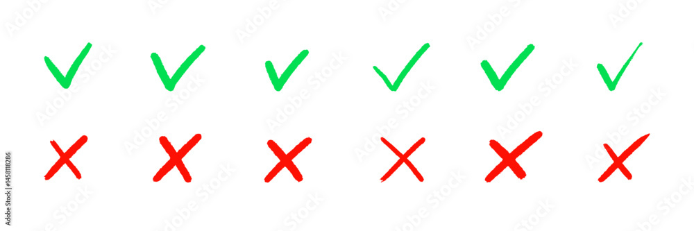 Poster check the mark icon set. hand drawn doodle checklist correct, cross, ok vote sign element. hand draw