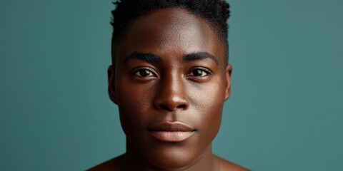 Obraz premium Captivating close-up of a serene young adult against a soothing teal backdrop showcasing natural beauty contemplative expression and healthy skin radiating confidence and authenticity