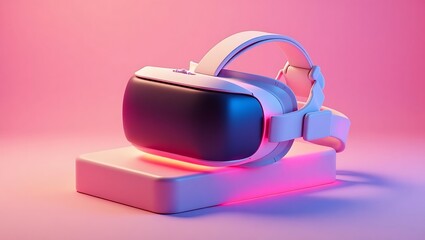 VR headset in neon accents, 3D isometric perspective, white base