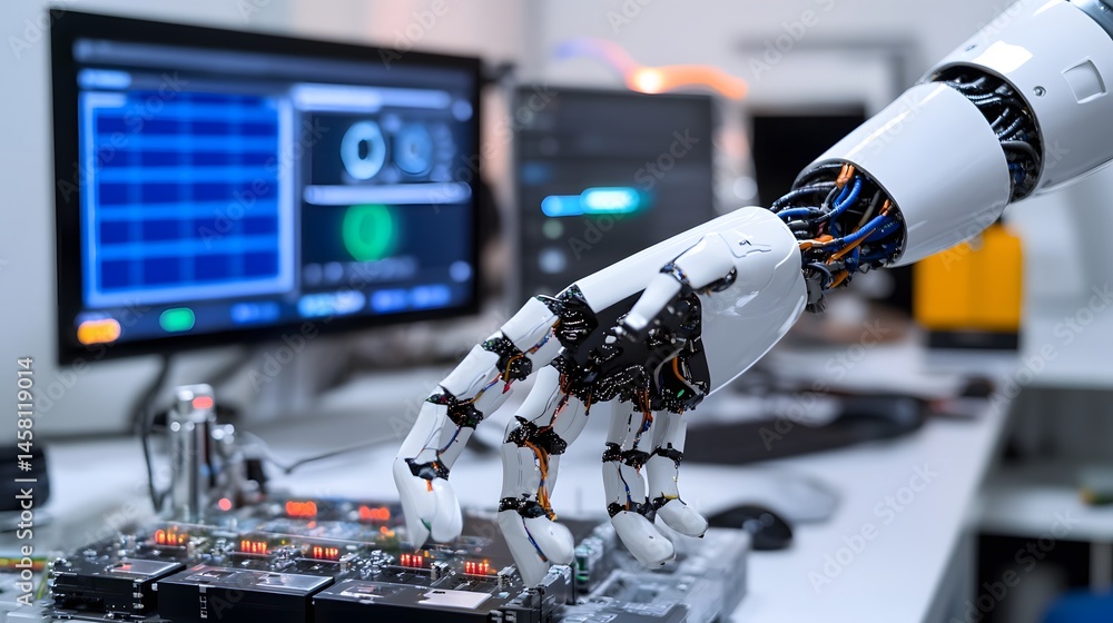 Poster advanced robotic arm interacting with a circuit board in a laboratory.