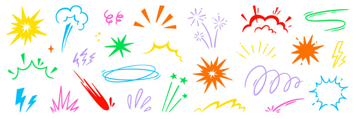 Cartoon comic element speed effect doodle line set. Comic boom motion, explosive energy, line speed cartoon vector graphic icon. Hand drawn cute sketch doodle effect. Vector illustration