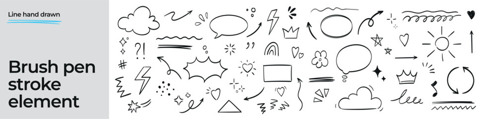 Hand drawn brush pen stroke elements. Doodles, speech bubbles, arrows, clouds, and symbols. Perfect for digital design, social media, stickers, and creative projects. Vector illustration