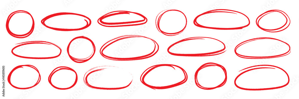 Leinwandbilder hand drawn red pen highlight round oval frame set. handwritten red marker, pencil scribble stroke li
