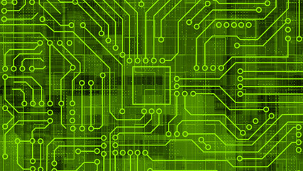 Lime green Computer chip with connections and signals. Artificial intelligence Computer processor background. Mother board circuit pattern background
