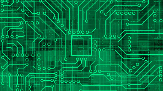 Turquoise Computer chip with connections and signals. Artificial intelligence Computer processor background. Mother board circuit pattern background