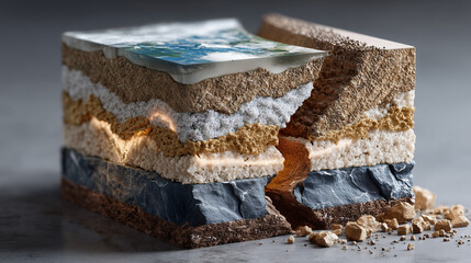 Fototapeta premium Earth Layers Revelation: A detailed cross-section of Earth's geological layers is revealed, showcasing a vibrant spectrum of colors and textures.