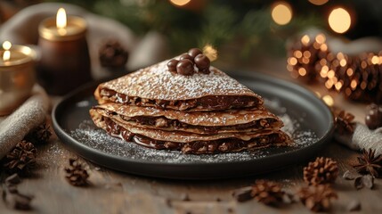 Stack of chocolate crepes, topped with chocolate hazelnut filling and powdered sugar, festive setting
